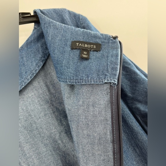 Talbots Chambray Blue Denim Flounce 3/4 Sleeve Shift Dress Women Size 10 - Picture 8 of 9